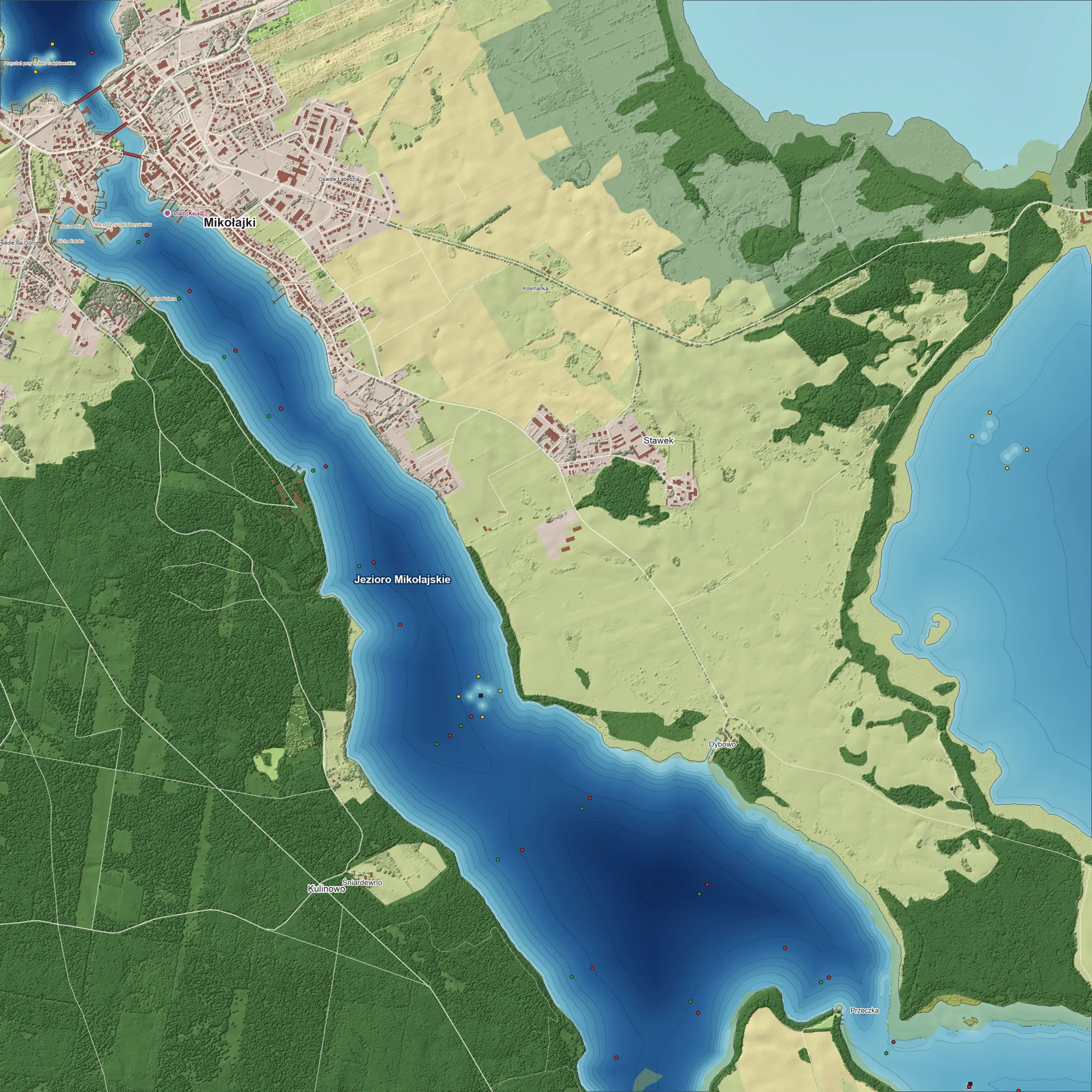 Map of Lake Mikołajskie and the town on its narrows, north at the top